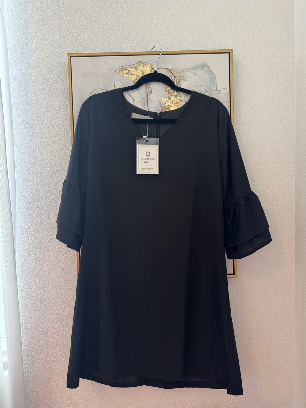 6/14 Women's Black Mini Dress with Tiered Short Sleeves